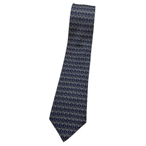 HERMÈS Men's 100% Silk Necktie LUXURY Tie 886 PA Blue Horse Shoe W:3.2" EUC - Picture 1 of 5